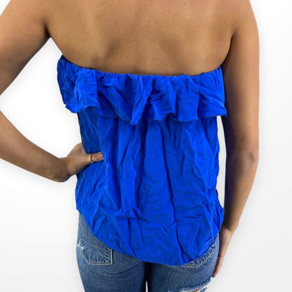 00s AMANDA UPRICHARD Vintage Blue Silk Sleeveless Ruffle Tube Top - Picture 3 of 7